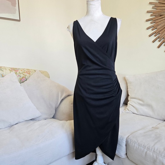 Hourglass Medium Black Vintage Y2K Sleeveless Midi Dress Ruched Bodycon 90s 00s - Picture 1 of 9